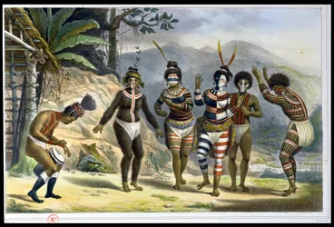 Táncoló indiánok a San José-missziónál, a „Voyage pittoresque et historique au Brésil” című műből, Charles Étienne Pierre Motte (1785-1836) metszete, 1839-ben kiadva